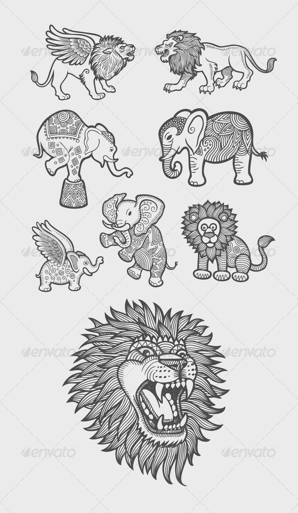 590x1013 Lion And Elephant Decoration Sketch By Comicvector703 Graphicriver - Decoration Sketch