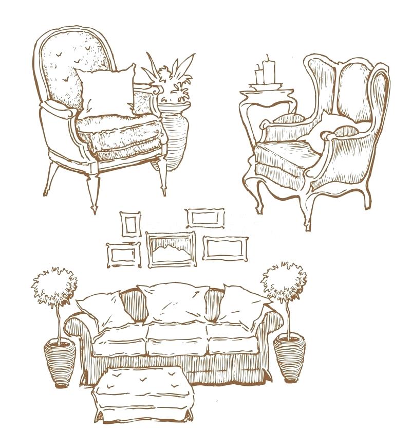 800x867 Decoration Download Hand Made Sketch Of Cozy Interior Elements - Decoration Sketch
