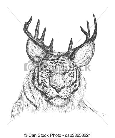 391x470 Psychedelic Hand Drawn Sketch Illustration Of Tiger Face With Deer - Deer Antler Sketch