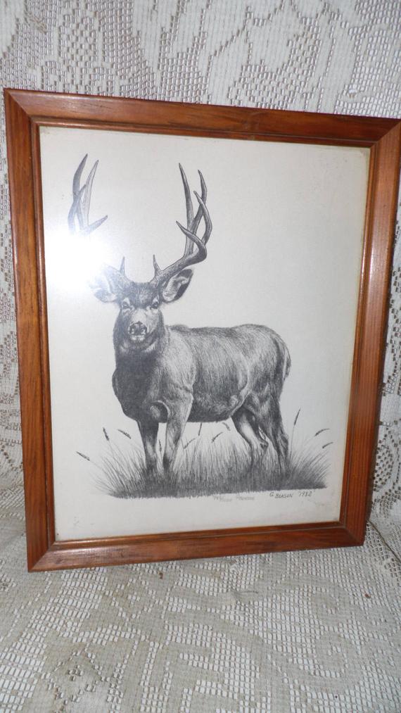 570x1013 Vintage Deer Buck Etching Sketch Picture Wood Frame Signed G. Etsy - Deer Hunting Sketch