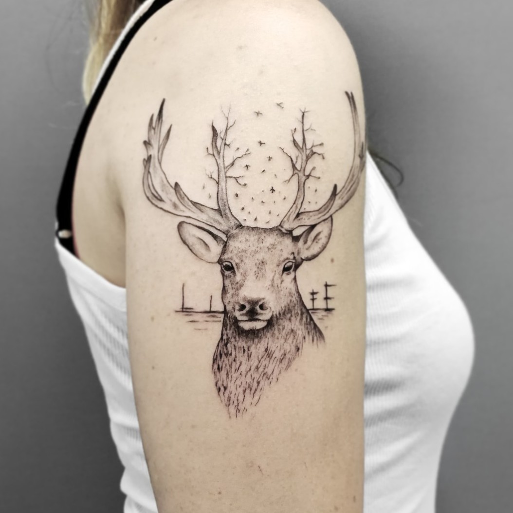 1054x1054 Dario Wax Deer Tattoo - Deer Tattoo Sketch