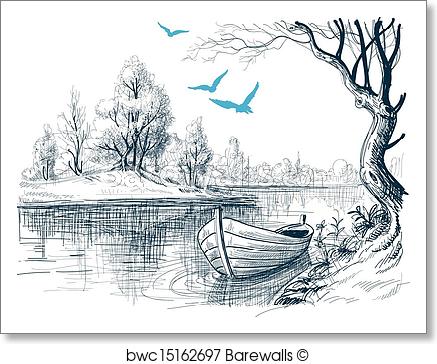 437x364 Art Print Of Boat On River Delta Vector Sketch Barewalls - Delta Sketch