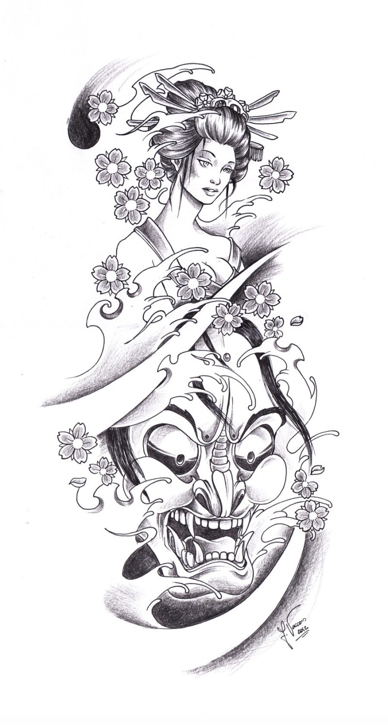 800x1496 Modern Style Black And White Detailed Asian Geisha With Demon Face - Demon Face Sketch
