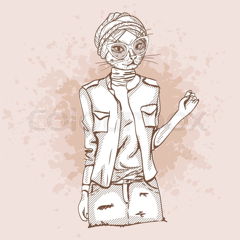 800x800 Vector Sketch Of Female Model With Cats Head Wearing Denim Skirt - Denim Sketch