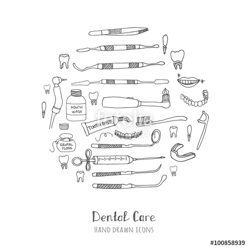 500x500 Hand Drawn Vector Dental Care Icons, Dental Symbols, Dental Floss - Dentist Sketch