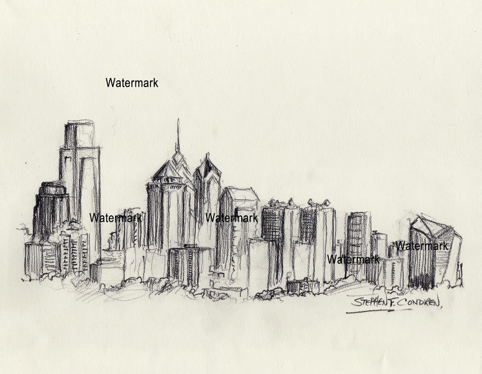 975x757 Philadelphia Skyline Charcoal Drawing Of Downtown - Denver Skyline Sketch
