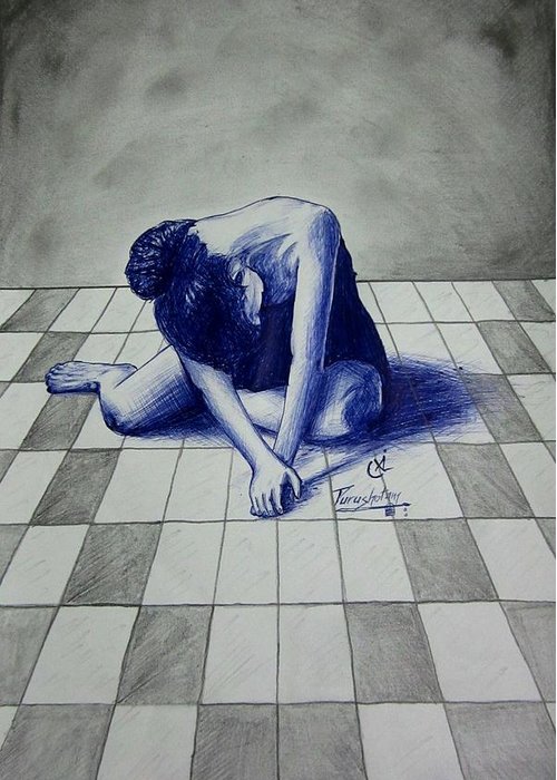 500x700 Pen Sketch Depressed Girl Greeting Card For Sale By Purushotama - Depressed Girl Sketch