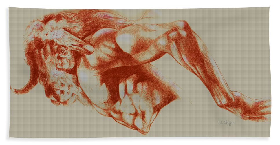 967x500 North American Minotaur Red Sketch Bath Towel For Sale By Derrick - Derrick Sketch