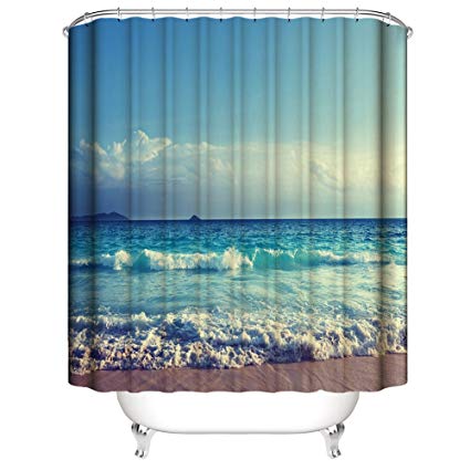 425x425 Ocean Waves Beach Waterproof Fabric Bathroom Shower - Desert Island Sketch