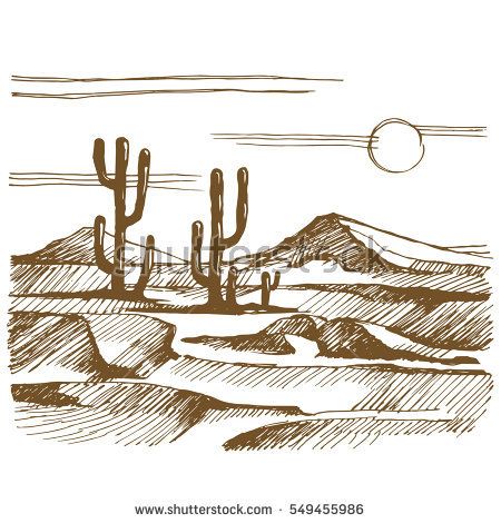 450x470 Vector Sketch America. Landscape With Cactus On The Background Of - Desert Sketch