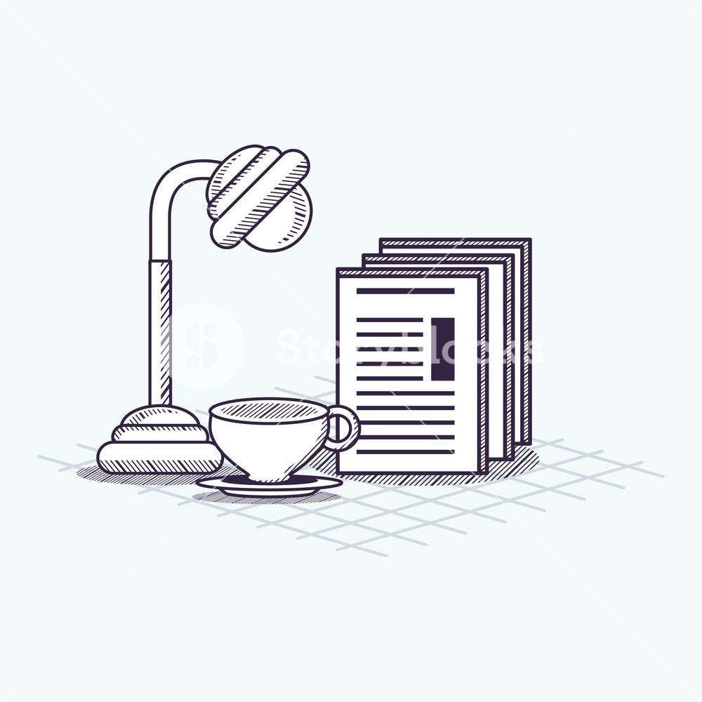 1000x1000 Desk Lamp With Document Pages And Coffee Mug Over White Background - Desk Lamp Sketch