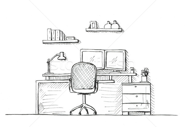 600x412 Hand Drawn The Room. Office Chair, Desk, Various Objects On The - Desk Sketch