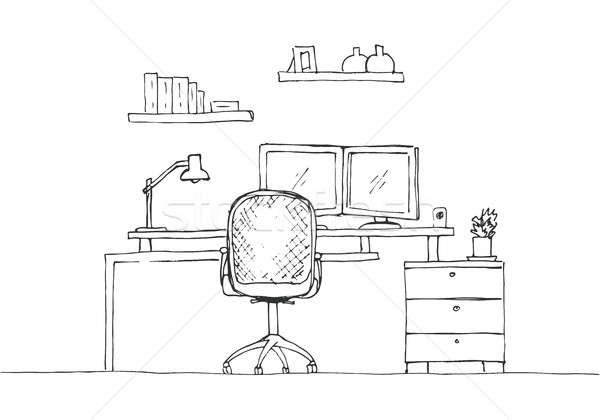 600x420 Sketch The Room. Office Chair, Desk, Various Objects On The Table - Desk Sketch