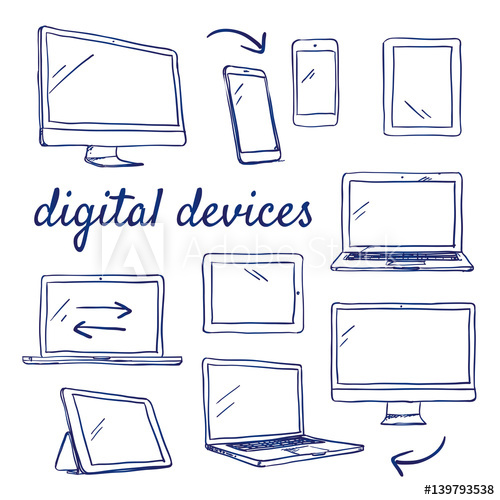 500x500 Doodle Set Of Digital Devices - Desktop Computer Sketch