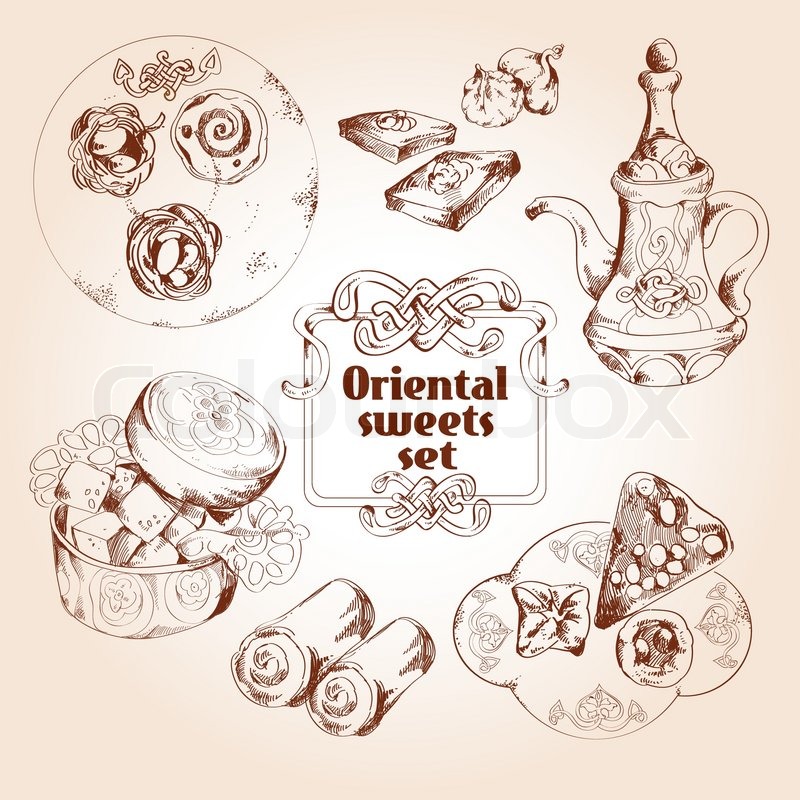 800x800 Oriental Arabic Traditional Asian Sweet Dessert Sketch Set - Dessert Sketch
