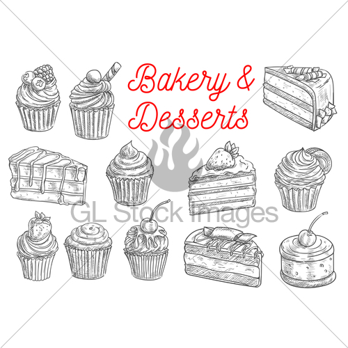 500x500 Cake, Cupcake, Fruit Dessert And Berry Pie Sketch Gl Stock Images - Dessert Sketch