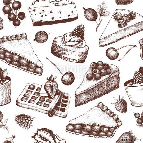 500x500 Vector Background With Nk Hand Drawn Berry Cake, Pie And Tart - Dessert Sketch