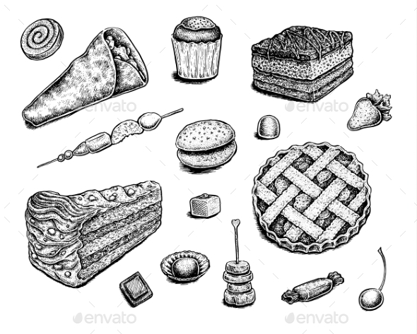 590x473 Collection Of Hand Drawn Ink Desserts By Eugeniahauss Graphicriver - Dessert Sketch