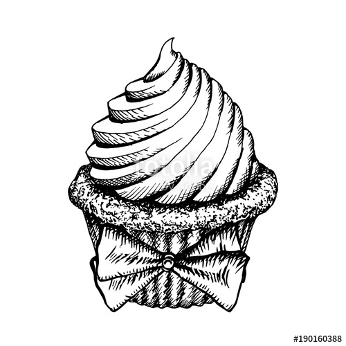 500x500 Cupcake Sketch Icon Isolated On White Background. Vintage Cup Cake - Dessert Sketch