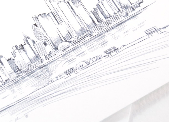 570x411 Detroit Skyline Wedding Invitations - Detroit Skyline Sketch