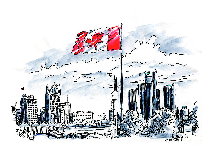 900x651 Great Canadian Flag Windsor Detroit Skyline Fountain Pen Ink Dra - Detroit Skyline Sketch