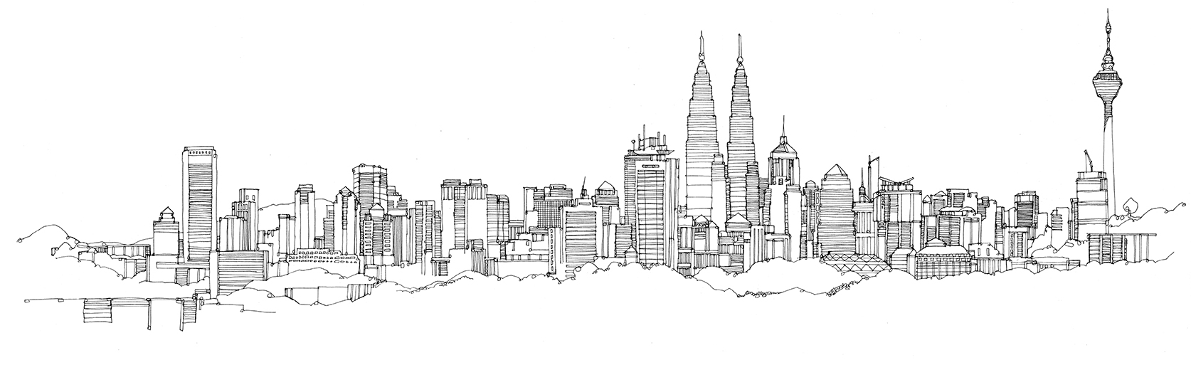 1674x513 London City Illustration - Detroit Skyline Sketch