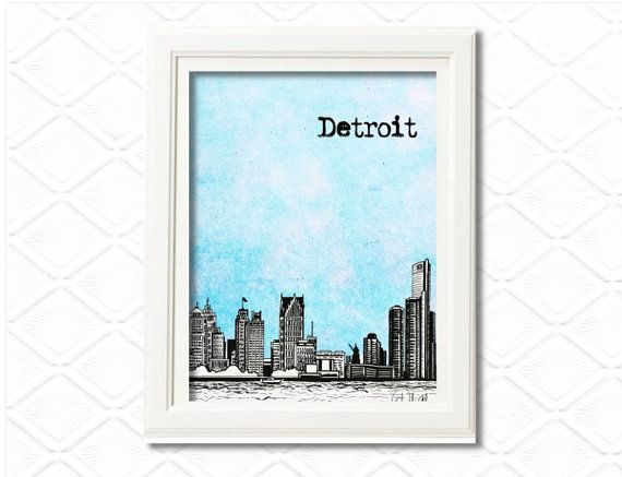 570x437 Detroit Michigan Skyline City Art Handdrawn Sketch By Wallartshop - Detroit Skyline Sketch