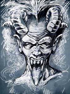 226x300 Painting Drawing Portrait Devil Demon Horns Tongue Art Print - Devil Horns Sketch