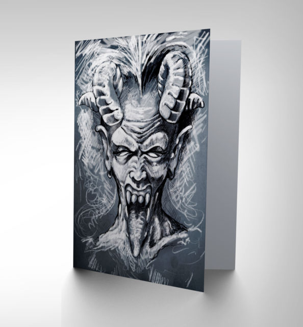 594x640 Painting Drawing Portrait Devil Demon Horns Tongue Greetings Card - Devil Horns Sketch