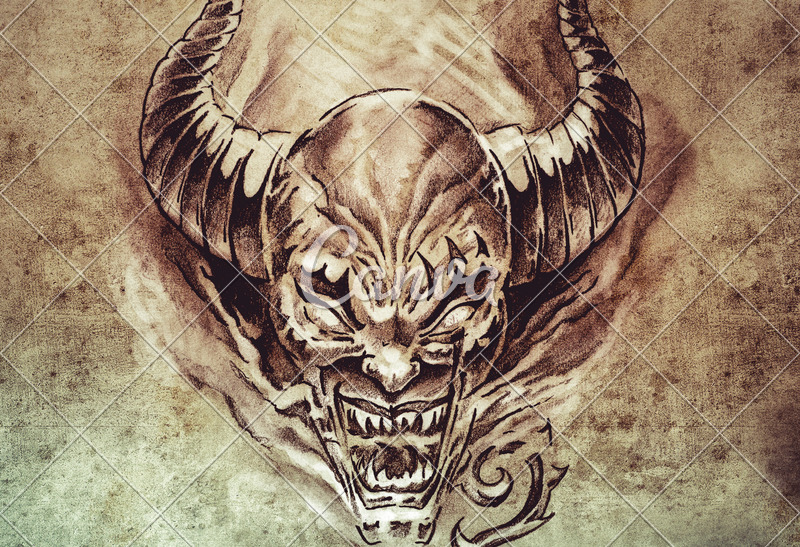 800x547 Sketch Of A Devil With Big Horns - Devil Sketch