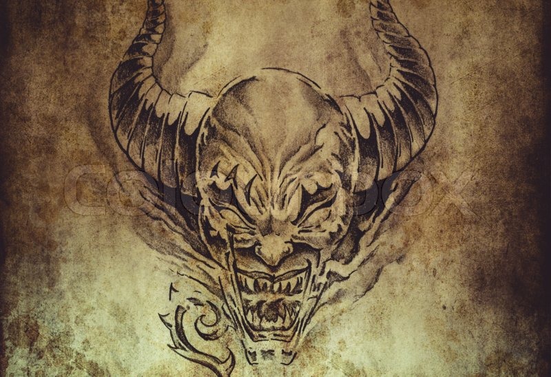 800x548 Tattoo Art, Sketch Of A Devil Over Vintage Background Stock - Devil Sketch