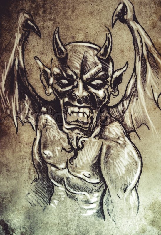 548x800 Devil, Tattoo Sketch, Handmade Design Over Vintage Paper Stock - Devil Sketch