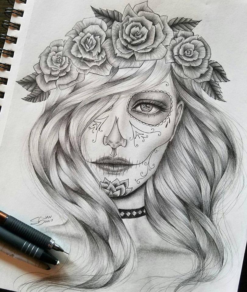 811x960 Freehand Dia De Los Muertos Drawing, 11 X 14 In, Graphite Pencil - Dia De Los Muertos Sketch