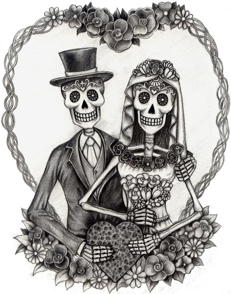 471x599 Pencil Sketch Dia De Los Muertos Bride And Groom Couple With - Dia De Los Muertos Sketch
