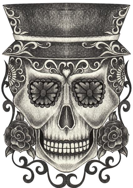 425x600 Pencil Sketch Dia De Los Muertos Skull With Top Hat Vinyl Decal - Dia De Los Muertos Sketch