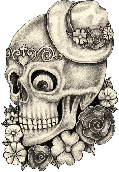 417x600 Pencil Sketch Floral Dia De Los Muertos Skull With Hat - Dia De Los Muertos Sketch