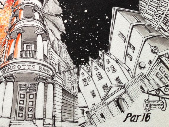 570x427 Gringotts Bank Harry Potter Print Diagon Alley Wall Art Etsy - Diagon Alley Sketch