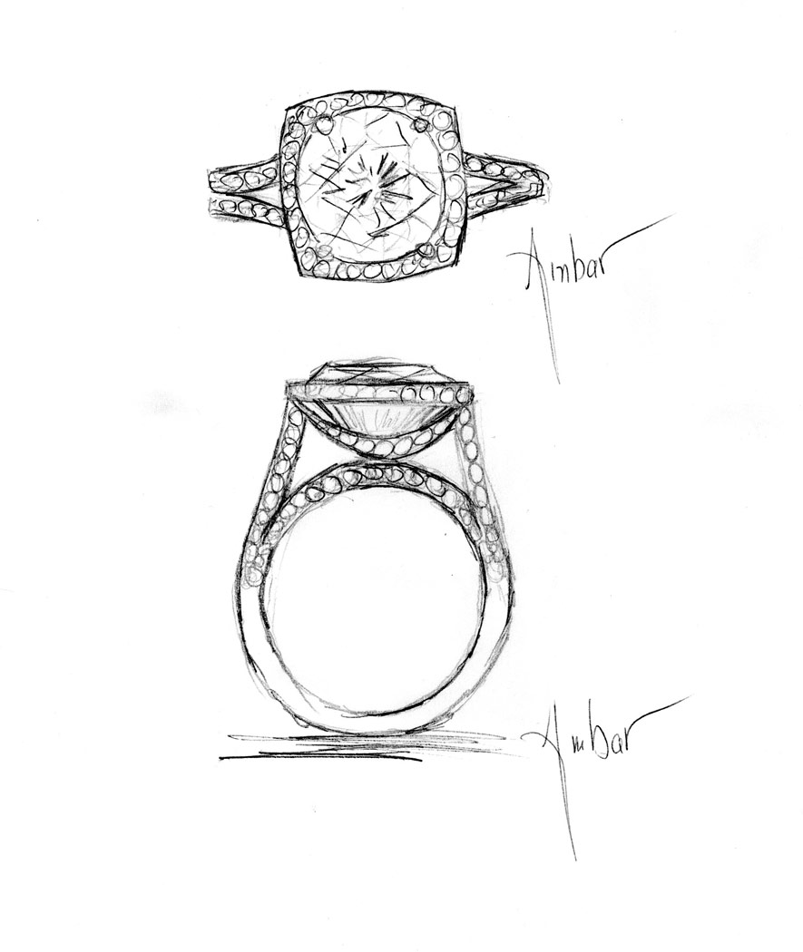885x1050 Hand Drawing Of Custom Engagement Ring Setting - Diamond Ring Sketch