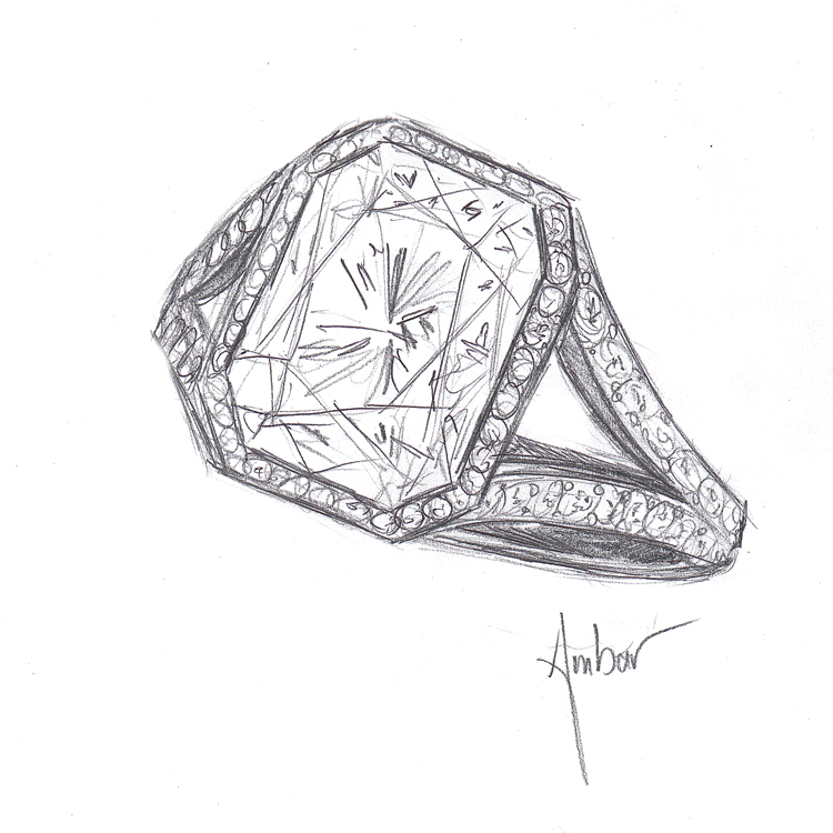 750x750 Custom Made Engagement Rings Drawing For A Radiant Diamond - Diamond Ring Sketch