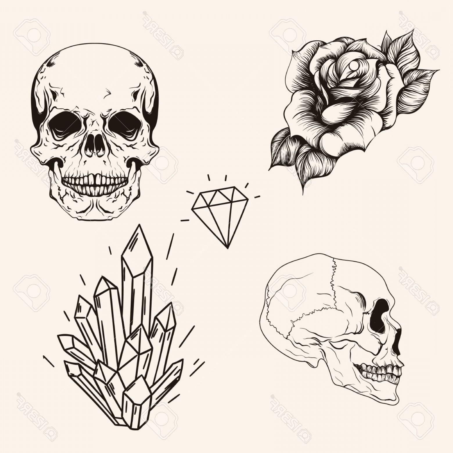 1560x1560 Photostock Vector Hand Drawn Set Sketch Scull Tattoo Line Art - Diamond Tattoo Sketch