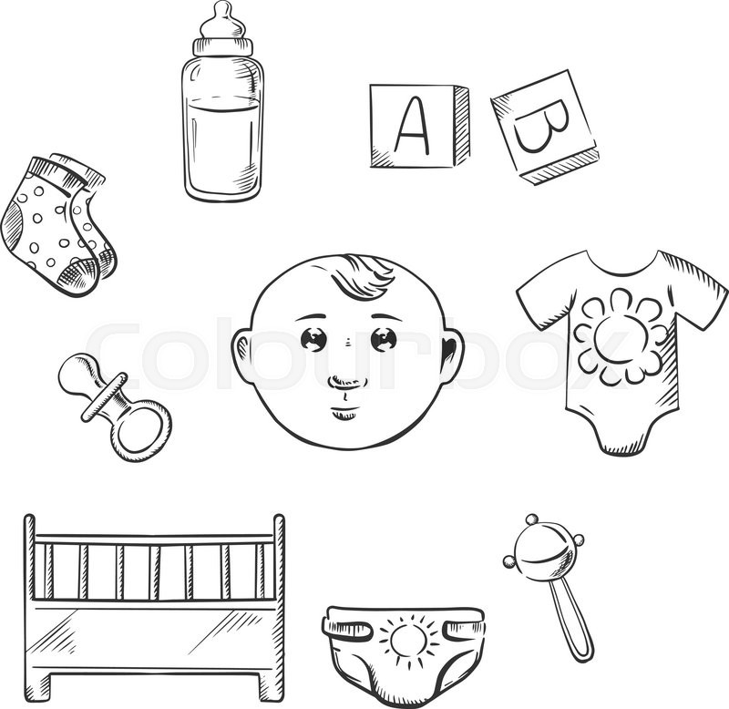 800x778 Child Toys And Objects. Amp 208amp 161rib, Pacifier, Socks,bottle Of - Diaper Sketch