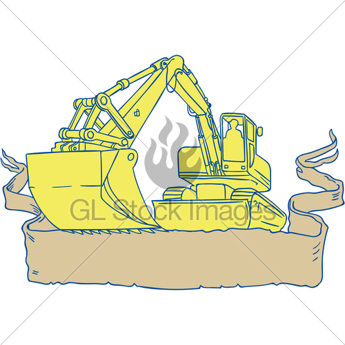 500x500 Mechanical Digger Excavator Ribbon Scroll Drawing Gl Stock Images - Digger Sketch