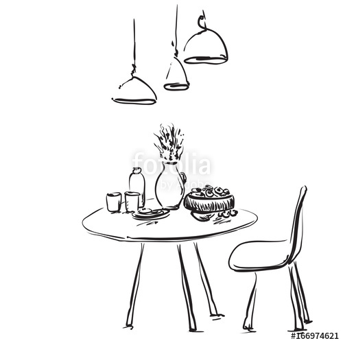 500x500 Dining Table With Glasses And Flower. Sketch Interior Illustration - Dining Table Sketch