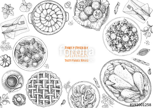 500x354 Family Dinner Top View, Vector Illustration. Friendly Dinner Table - Dinner Table Sketch