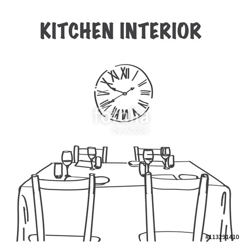 500x500 Sketch Of Dinner Table Interior With Served Plates And Glasses - Dinner Table Sketch