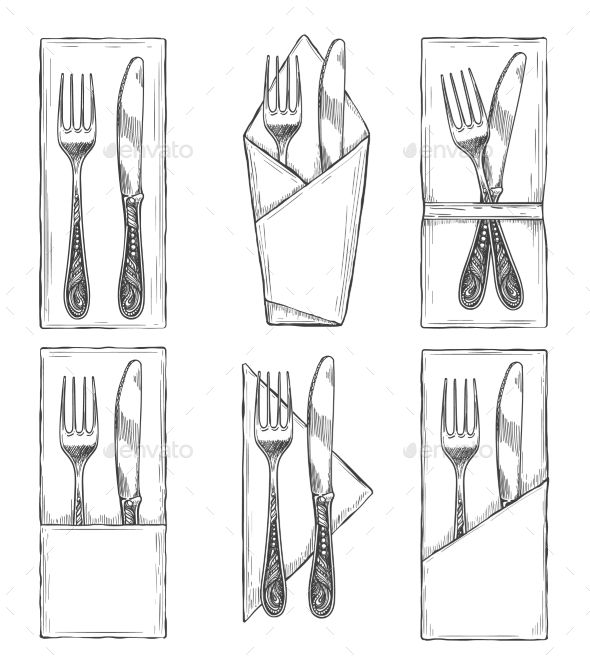 590x664 Cutlery On Napkins Sketch. Fork, Knife And Spoon On Napkin Set - Dinner Table Sketch