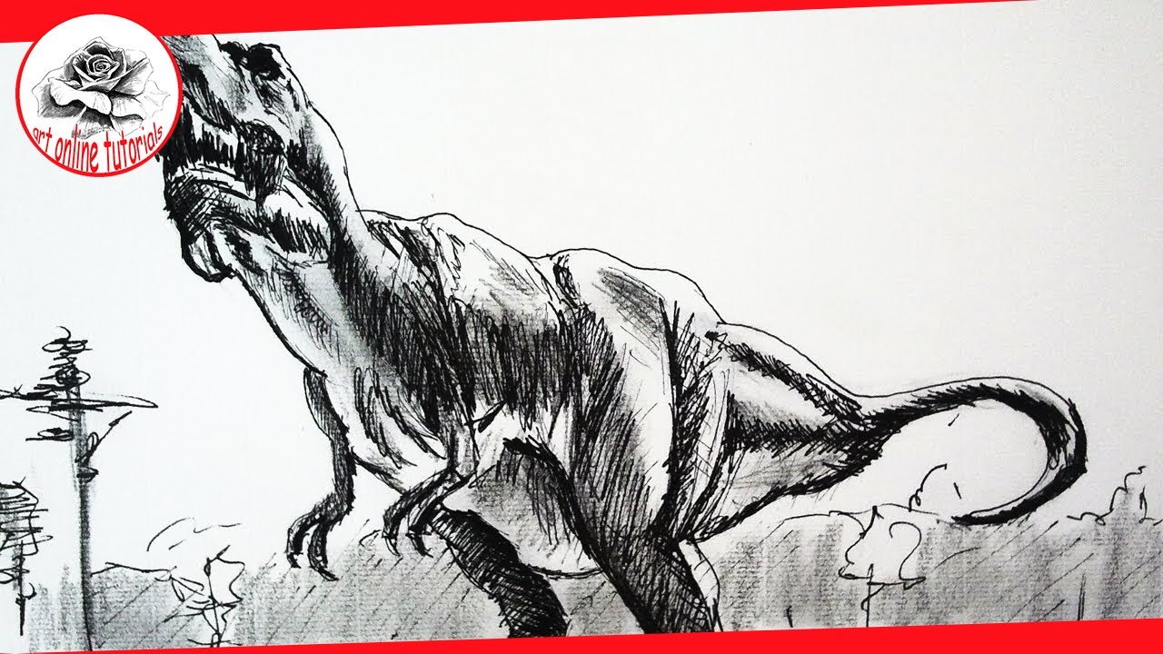 1280x720 How To Draw A T Rex Dinosaur With Pencil And Ink Speed Drawing - Dinosaur Pencil Sketch