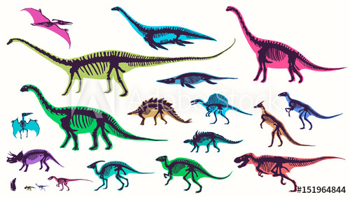 500x282 Set, Silhouettes, Dino Skeletons, Dinosaurs, Fossils. Hand Drawn - Dinosaur Skeleton Sketch