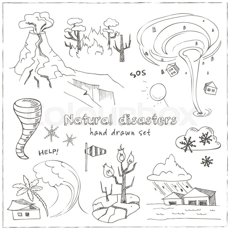 800x800 Set Of Doodle Sketch Natural Disasters Earthquake Tsunami Volcanic - Disaster Sketch