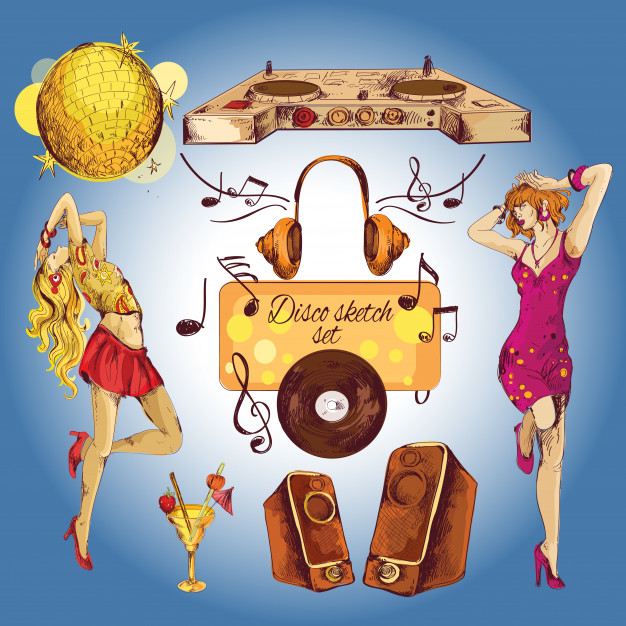 626x626 Disco Sketch Set Colored Vector Free Download - Disco Sketch